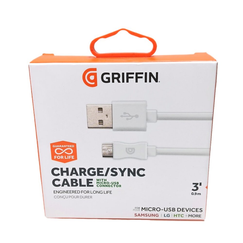 Griffin Charge/Sync Cable USB to Micro-USB Connector White 3’ Universal Samsung
